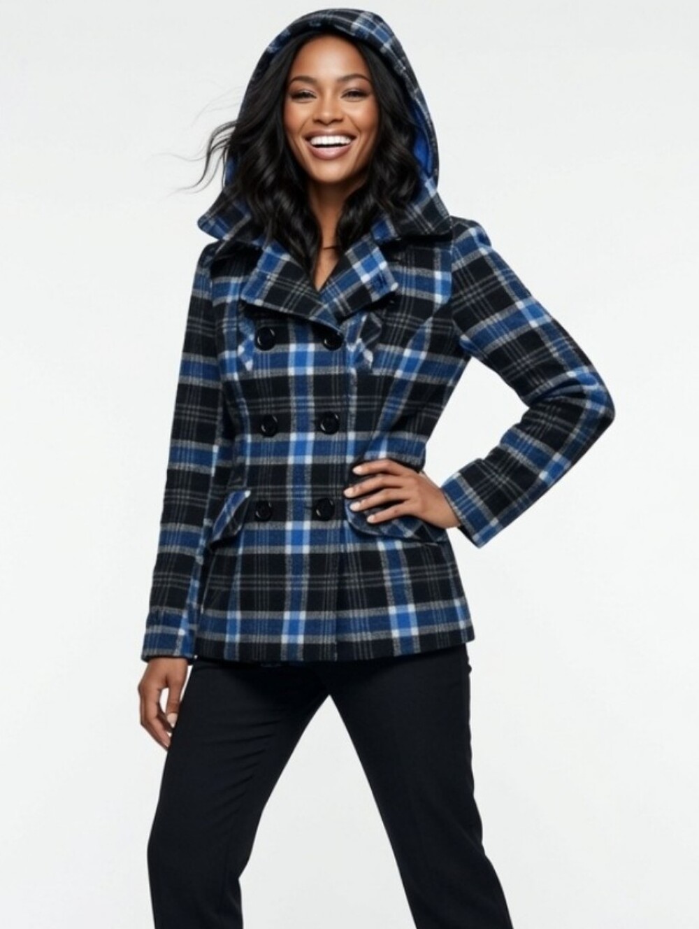 Pink Soup Wool Blend Blue & Black Plaid Hooded Peacoat ( Size Med)